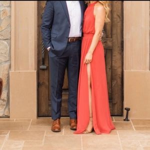 The Jetset Diaries(TJD)Chiffon Bright Coral Halter Maxi Dress with High Leg Slit